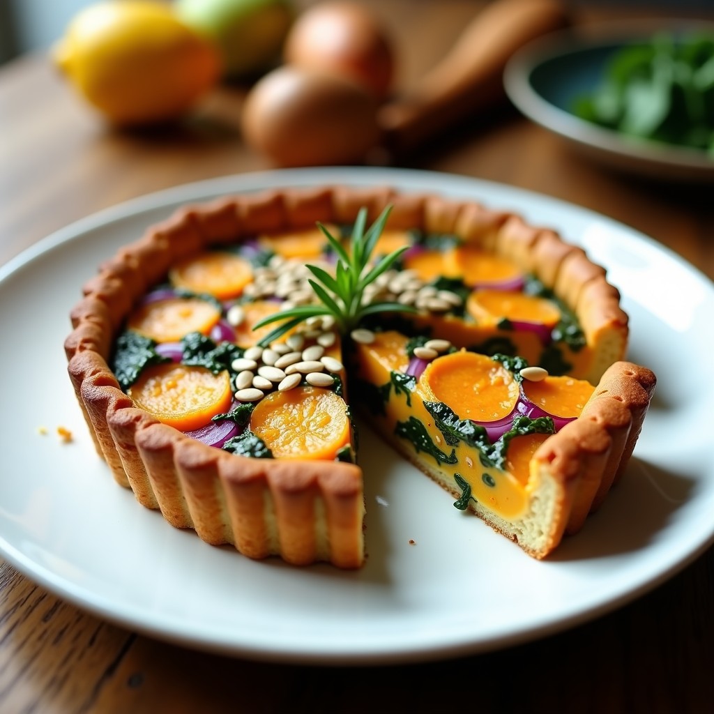 Tarta salada vegana sin masa de calabaza y tofu ahumado, dorada por fuera y cremosa por dentro, decorada con semillas de girasol y servida en plato de cerámica blanca.