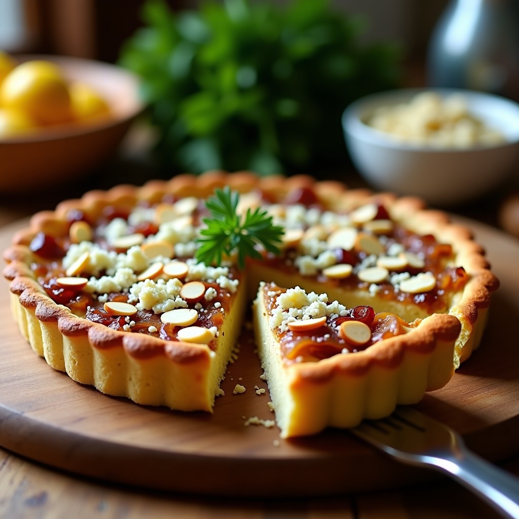 Tarta salada de coliflor y blue cheese en molde desmontable, con base dorada, cebolla morada y almendras fileteadas, receta sin masa y alta en proteína.
