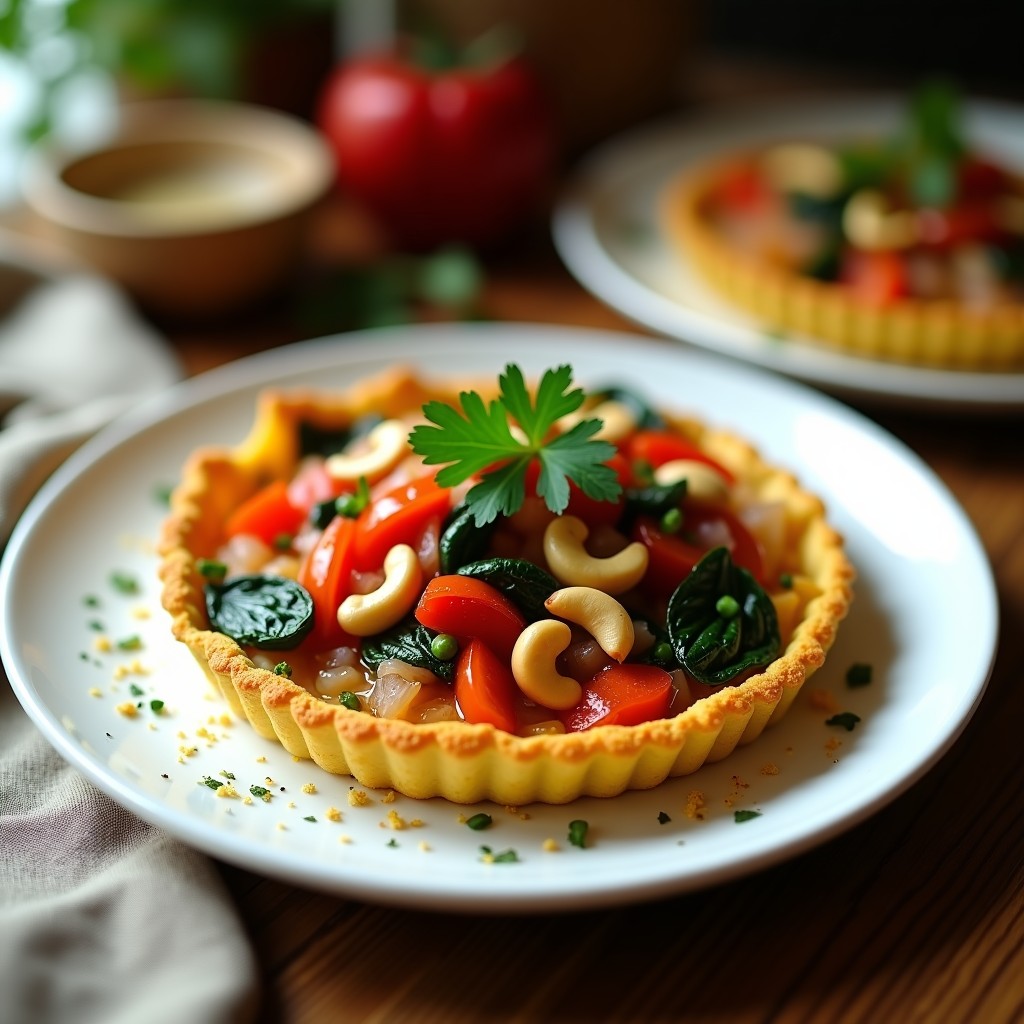 Tarta salada vegana de coliflor y cúrcuma con base dorada y crujiente, rellena de cebolla morada, pimiento rojo, espinacas y anacardos, servida en un plato blanco rústico.
