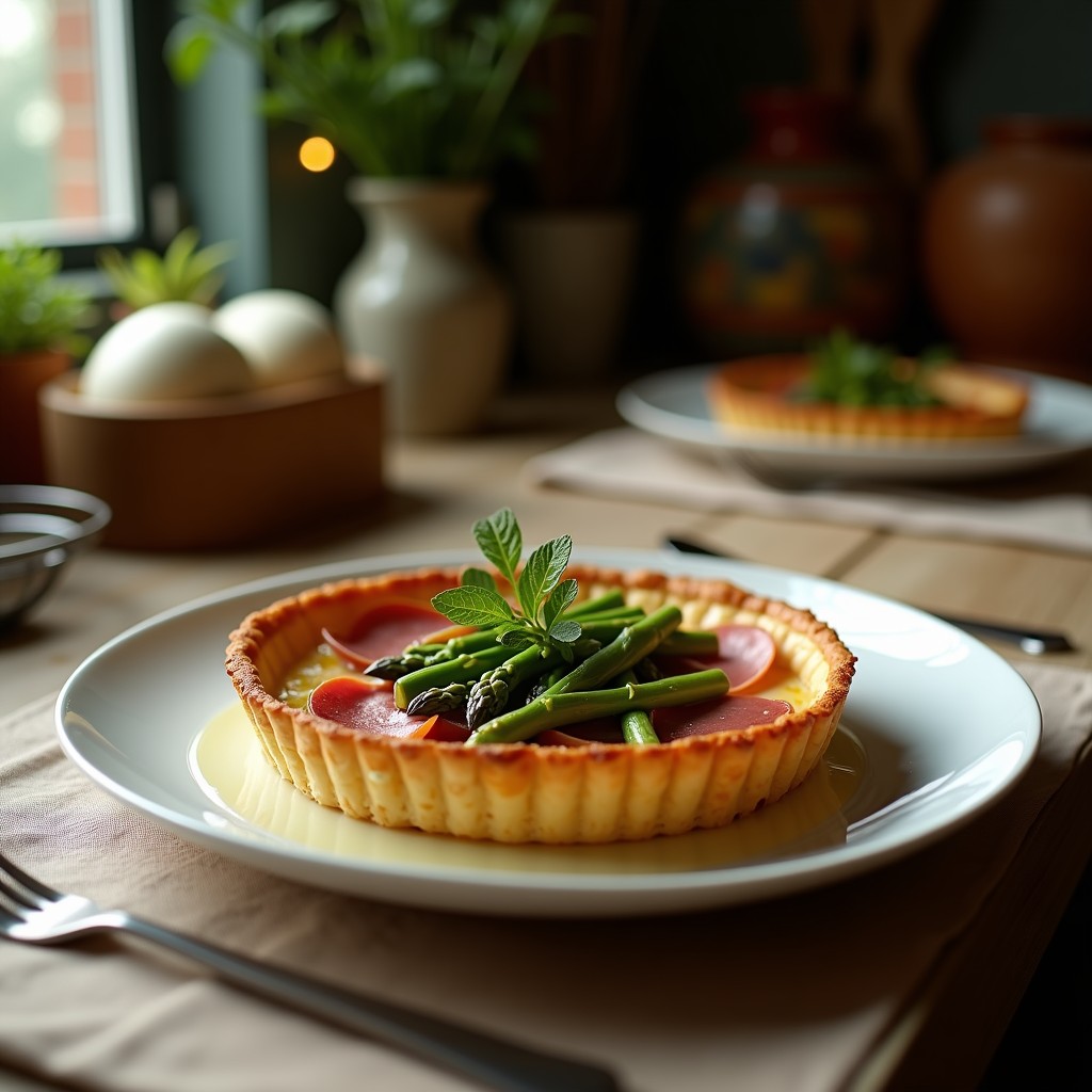 Tarta salada dorada en molde redondo con espárragos trigueros verdes, jamón ibérico y huevo cuajado, receta sin horno rápida y alta en proteína.