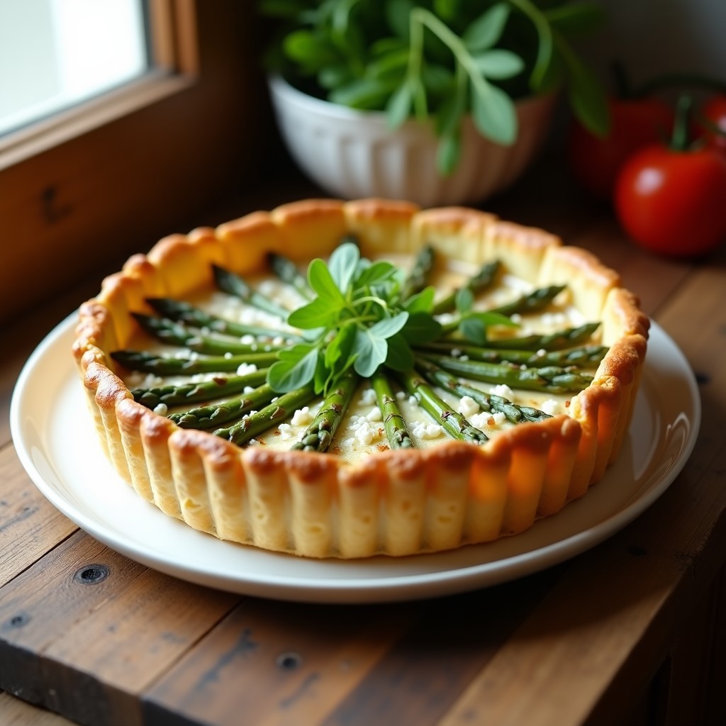 Tarta salada dorada en molde desmontable con relleno cremoso de espárragos trigueros y queso de cabra, servida en plato blanco con hojas de rúcula.