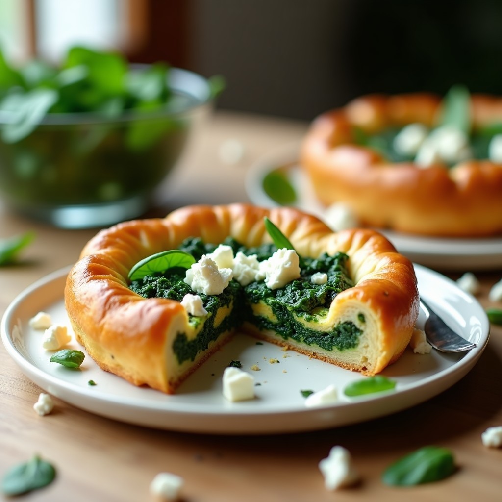 Tarta salada dorada en airfryer con relleno verde de espinacas y trozos blancos de queso feta, servida en plato rústico.