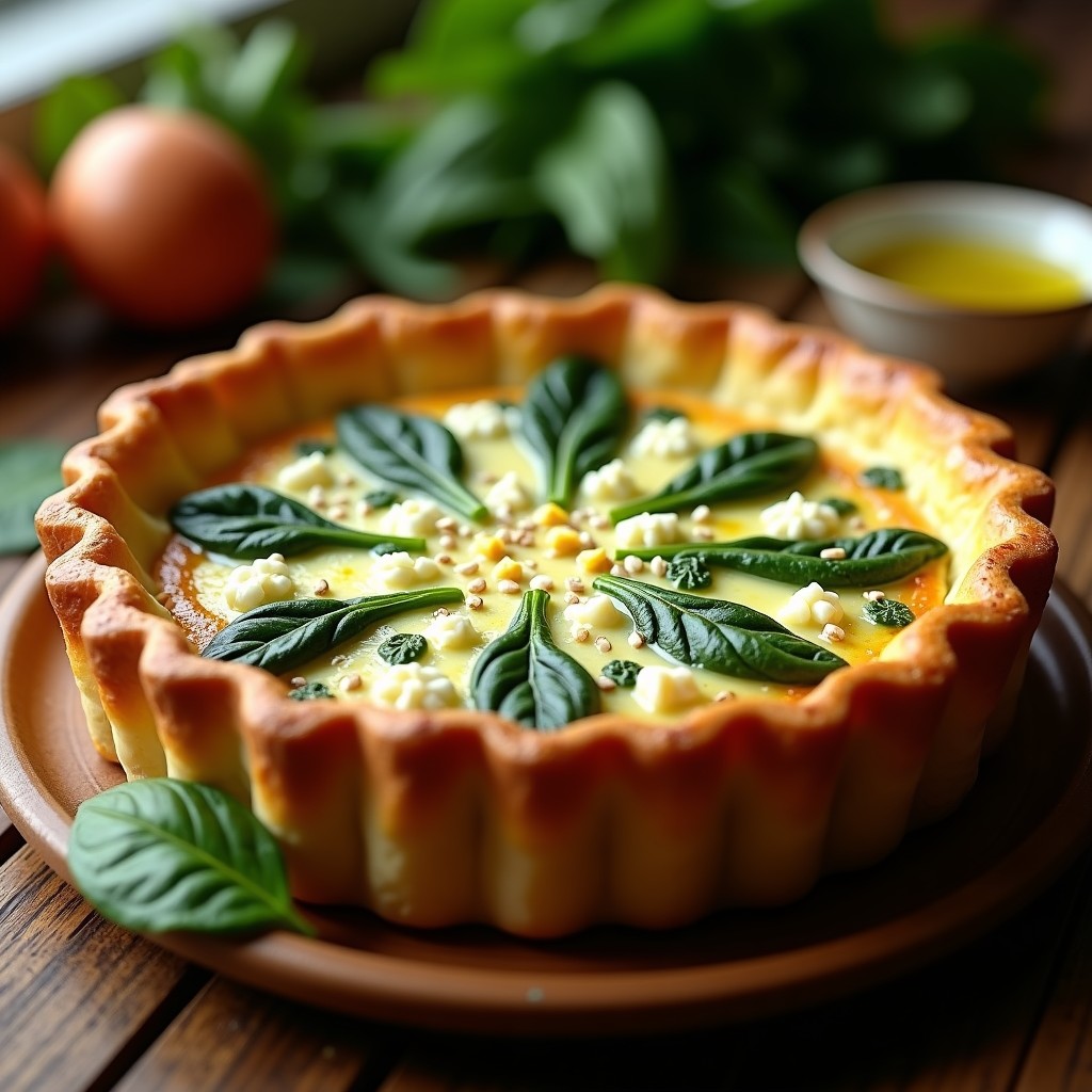 Tarta salada de espinaca y queso feta crujiente en molde desmontable, con base dorada y relleno esponjoso, espolvoreada con semillas de sésamo.