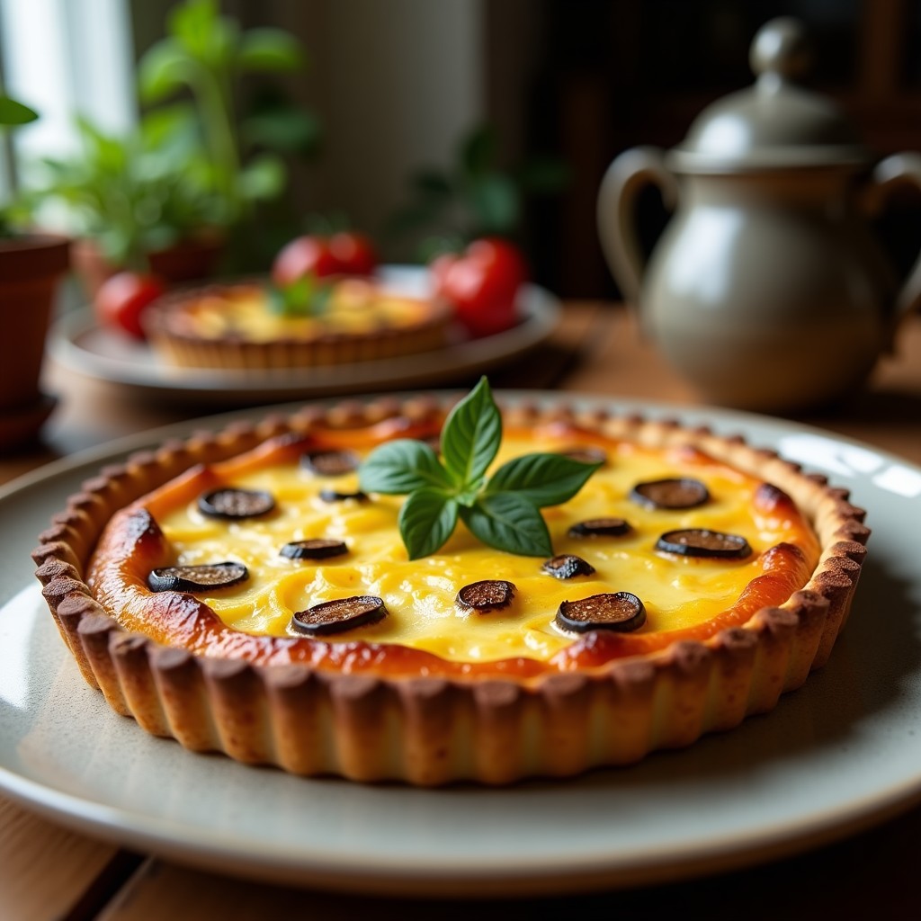 Tarta salada dorada de espinacas y alcachofas sin masa, con piñones tostados y queso feta desmenuzado, servida en plato blanco sobre fondo rústico de madera.