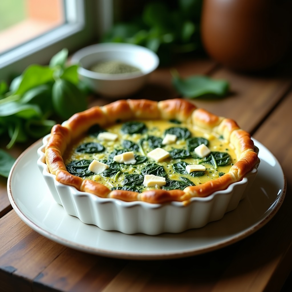 Tarta salada dorada con relleno verde de espinacas y trozos blancos de queso feta, espolvoreada con hierbas provenzales sobre un molde de cerámica rústico.