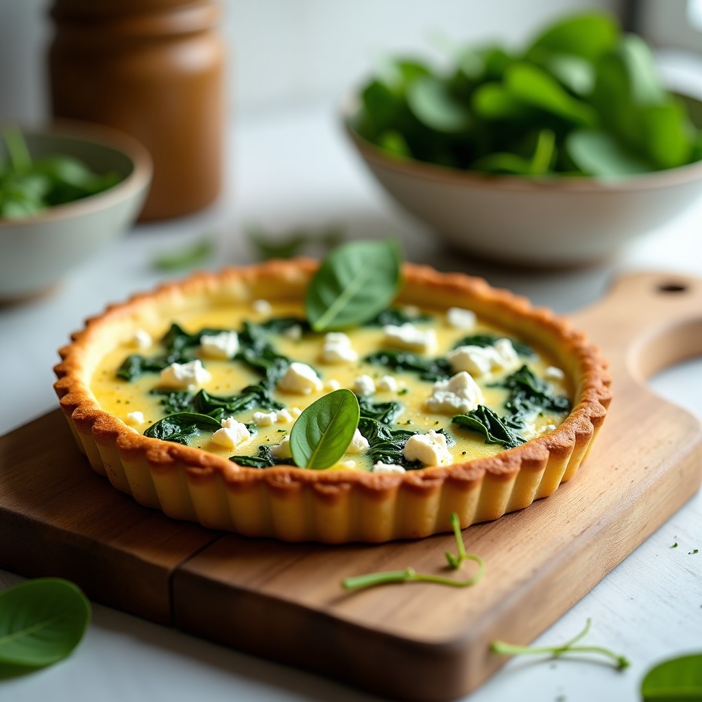 Tarta salada dorada sin masa con espinacas, feta desmenuzada y rodajas de hinojo, servida en molde rústico sobre tabla de madera, receta Thermomix.