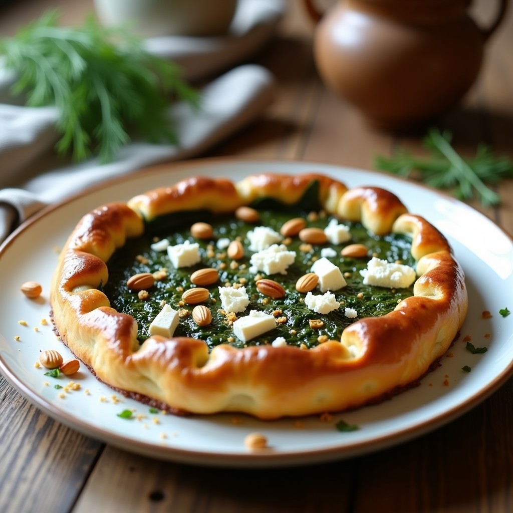 Tarta salada de espinacas y feta en plato blanco, con base de hojaldre dorado, relleno cremoso verde y trozos de queso feta gratinado, decorada con piñones tostados.