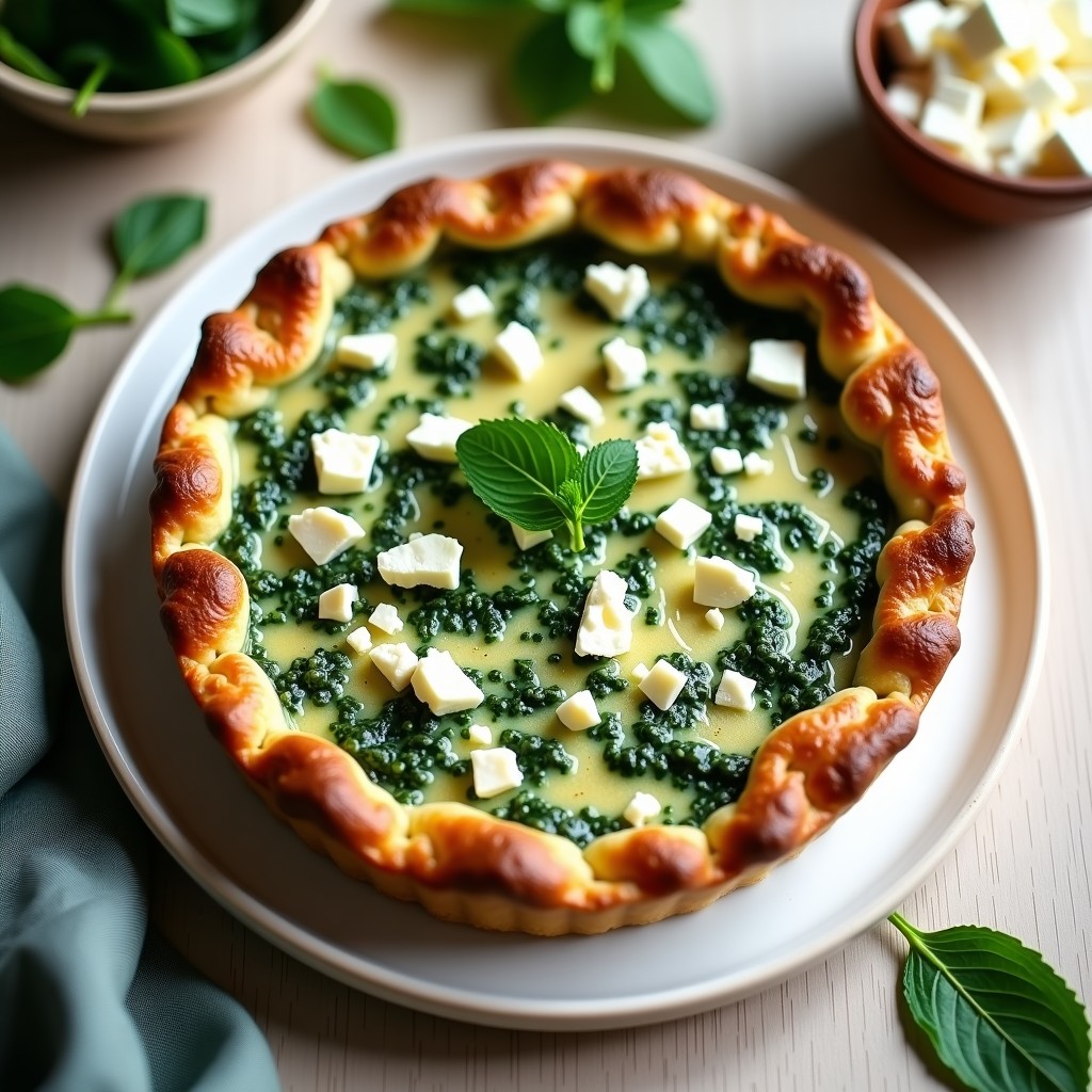 Tarta salada de espinacas y queso feta en molde redondo, con base dorada de avena y semillas, relleno verde cremoso y trozos de feta visibles, servida en plato blanco.