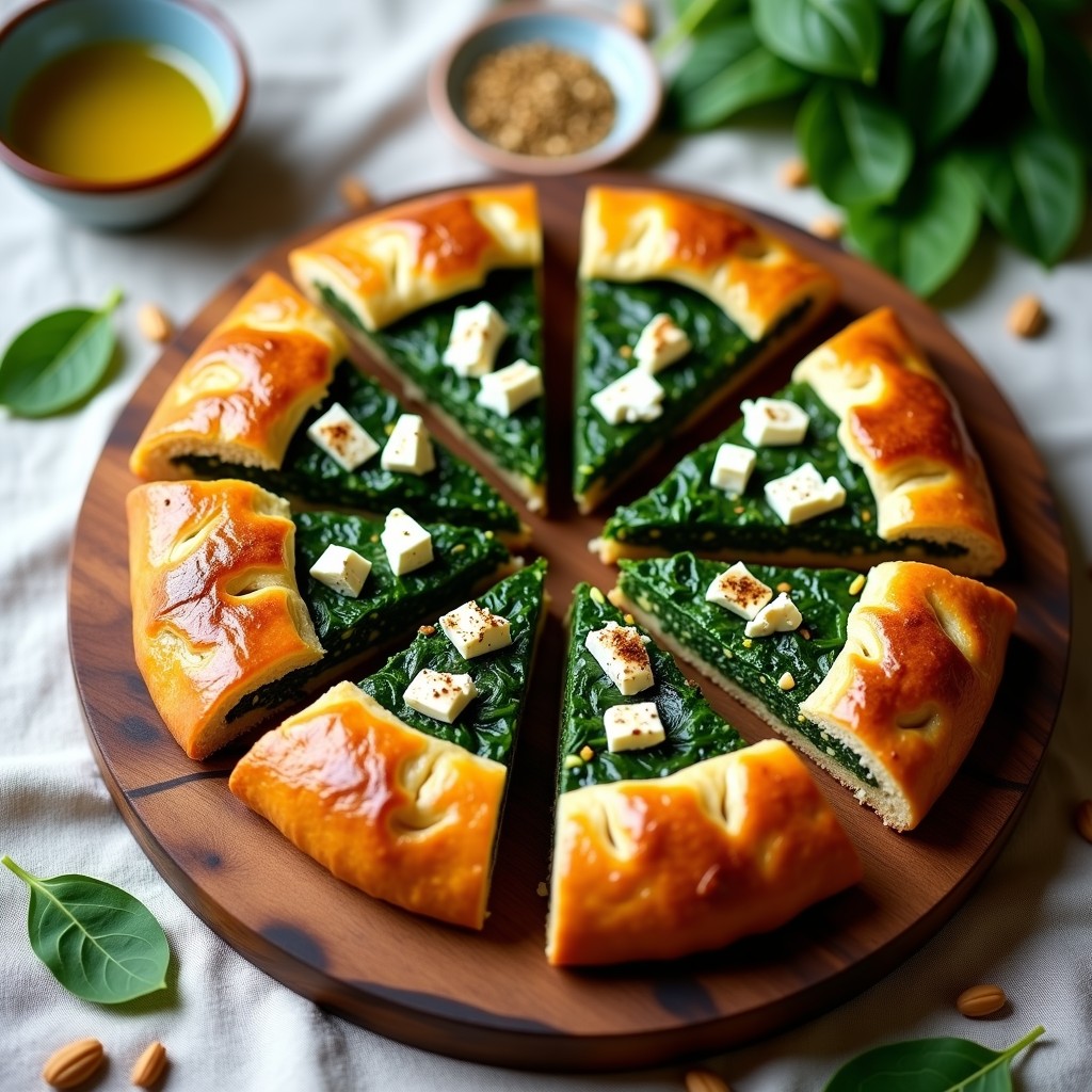 Tarta salada árabe en molde desmontable con base de hojaldre dorado, rellena de espinacas, feta desmenuzada y piñones, espolvoreada con zaatar y servida en porciones sobre una tabla de madera rústica.