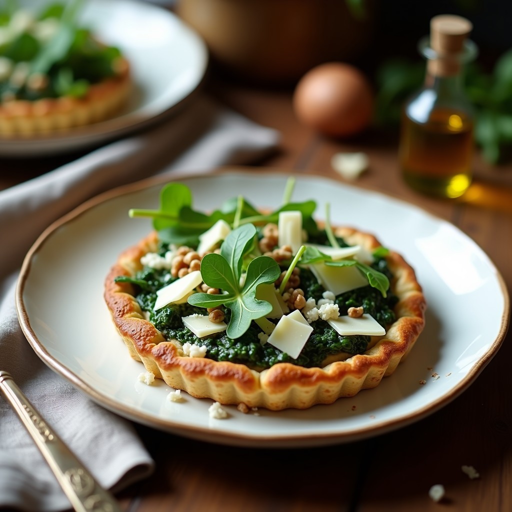 Tarta salada de espinacas y gorgonzola con base dorada de avena, servida en platos blancos con hojas de rúcula y virutas de parmesano como decoración, receta crujiente y alta en proteína.