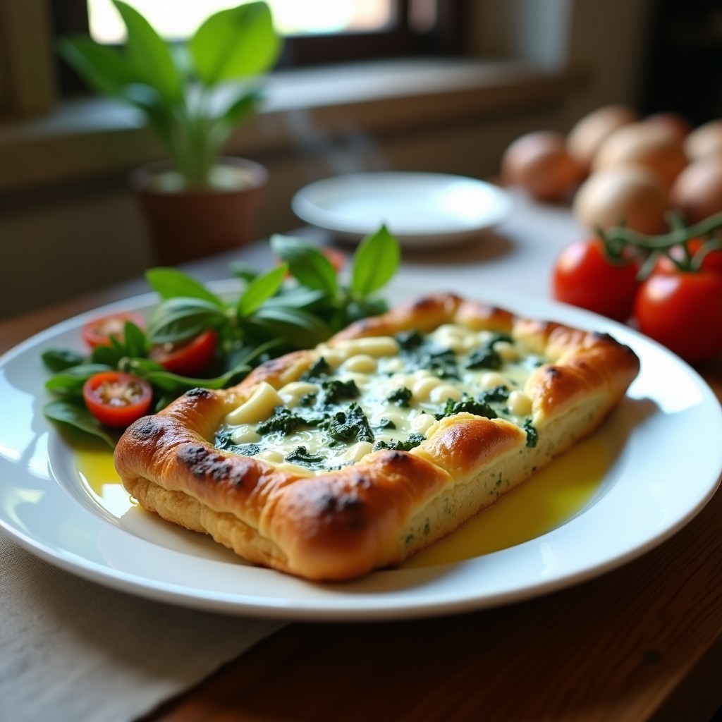 Tarta salada dorada en molde desmontable con relleno cremoso de espinacas y trozos de gorgonzola, servida en plato blanco con ensalada verde de acompañamiento.