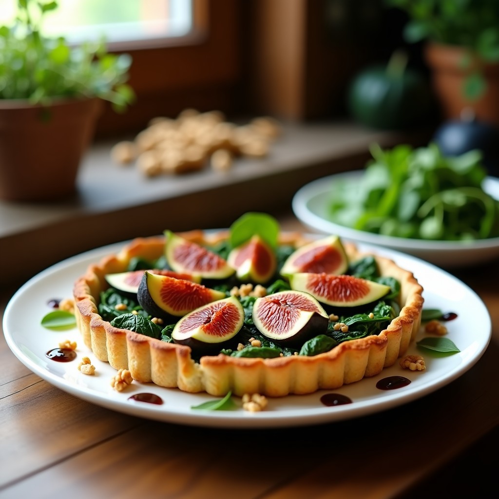 Tarta salada dorada con base crujiente, rellena de espinacas verdes y trozos de queso de cabra, decorada con higos caramelizados brillantes y nueces picadas, sobre un plato de cerámica blanca.