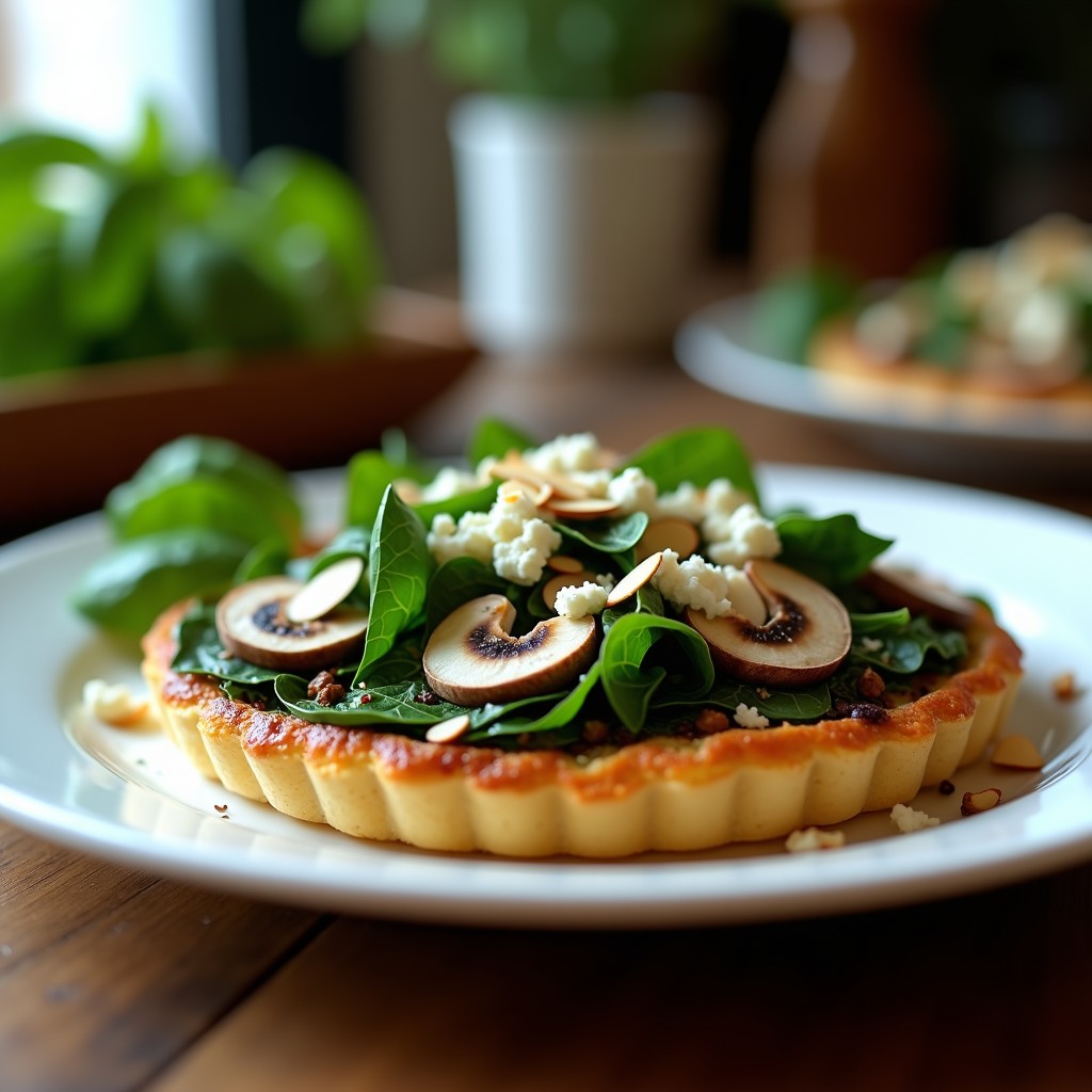 Tarta salada dorada sin masa rellena de espinacas y hongos portobello, con almendras fileteadas y queso de cabra desmenuzado, servida en un plato blanco rústico.