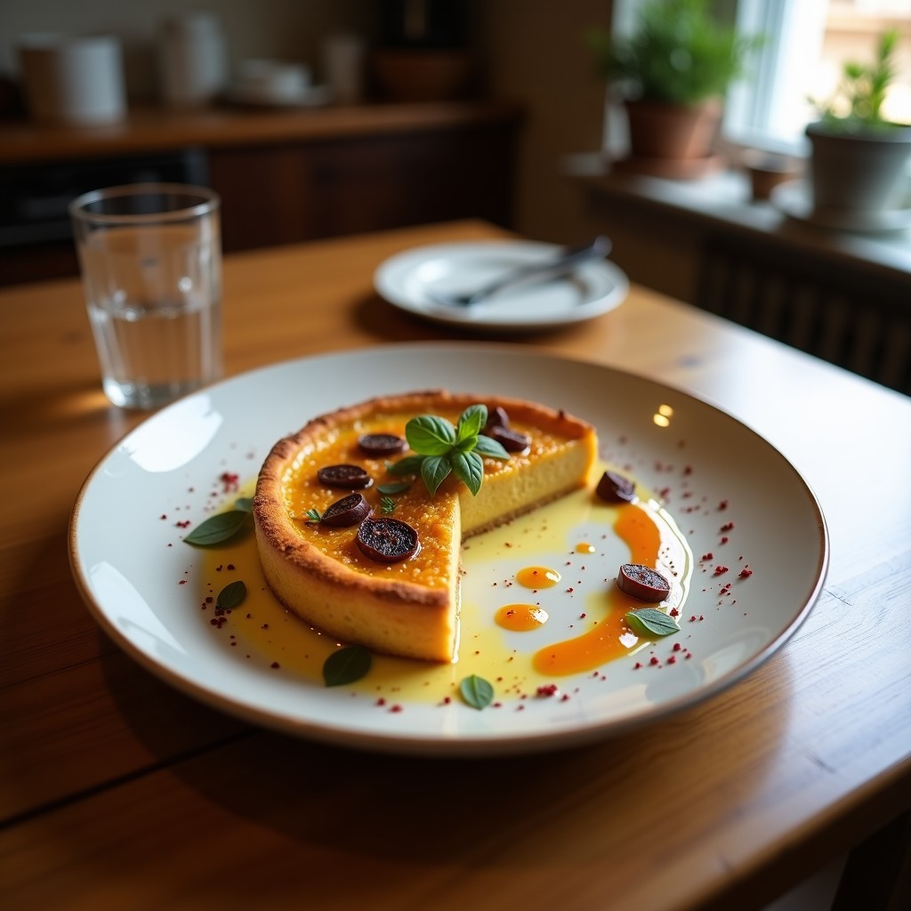 Tarta salada dorada en molde desmontable con relleno verde de espinacas y hongos trufados, servida en plato blanco con decoración de hojas frescas.