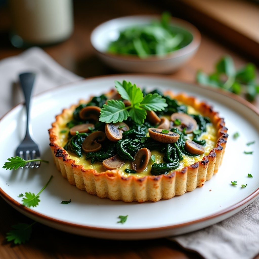 Tarta salada vegana de espinacas y hongos portobello con base crujiente de avena, servida en un plato de cerámica blanca con un toque de perejil fresco.