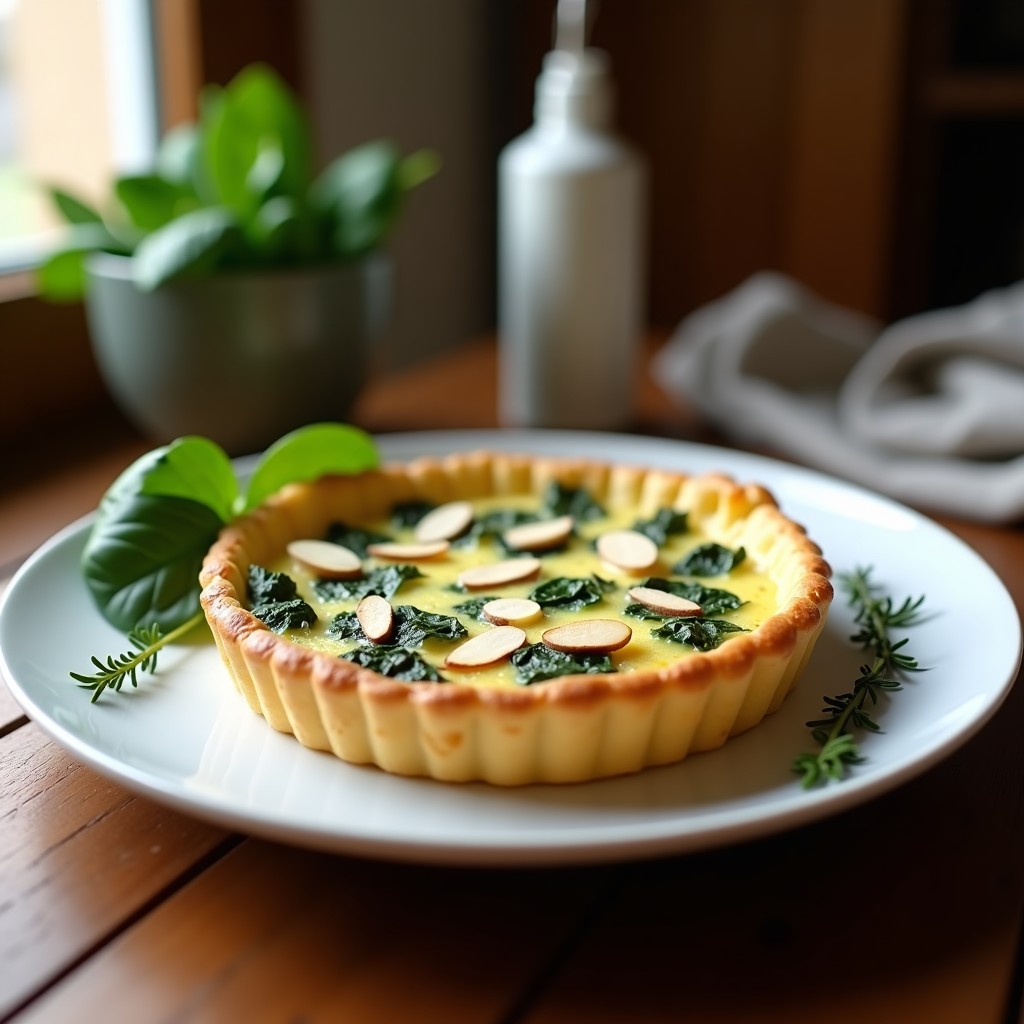 Tarta salada dorada en airfryer con espinacas verdes y queso de cabra desmenuzado, decorada con almendras fileteadas tostadas.