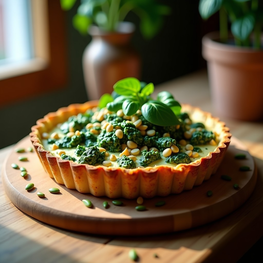 Tarta salada dorada en molde redondo con base crujiente de avena y relleno verde de espinacas y tofu ahumado, receta vegana y sin gluten.
