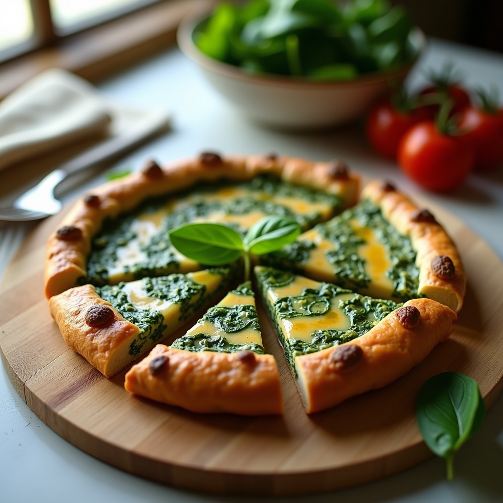 Tarta salada dorada en molde redondo con relleno verde cremoso de espinacas y tofu ahumado, cortada en porciones sobre tabla de madera rústica.