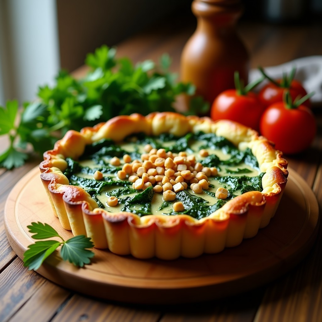 Tarta salada dorada de espinacas y tofu en molde redondo, con textura esponjosa y trozos de nueces visibles, servida sobre tabla de madera rústica.