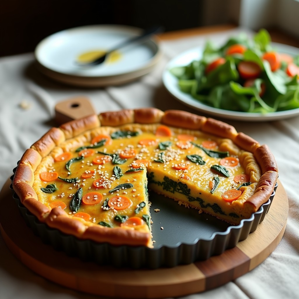 Tarta salada dorada en molde redondo con base crujiente de avena y semillas, rellena de espinacas y zanahoria rallada, servida en porción con ensalada verde.