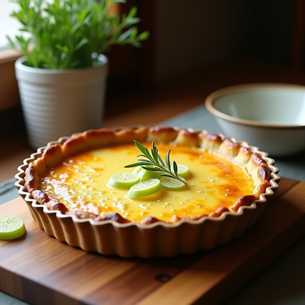 Tarta salada de puerro y mostaza de Dijon sin gluten en molde desmontable, con base dorada y crujiente, relleno cremoso de puerros caramelizados y queso Gruyère gratinado, servida sobre tabla de madera rústica.
