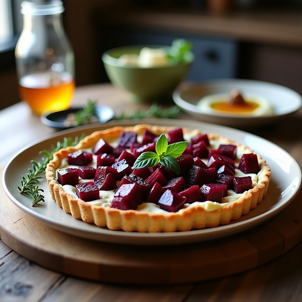 Tarta salada sin gluten con base dorada de harina de almendra, rellena de remolacha morada en cubos y queso de cabra cremoso derretido, decorada con hojas de tomillo fresco. Receta de tarta salada de remolacha y queso de cabra horneada.