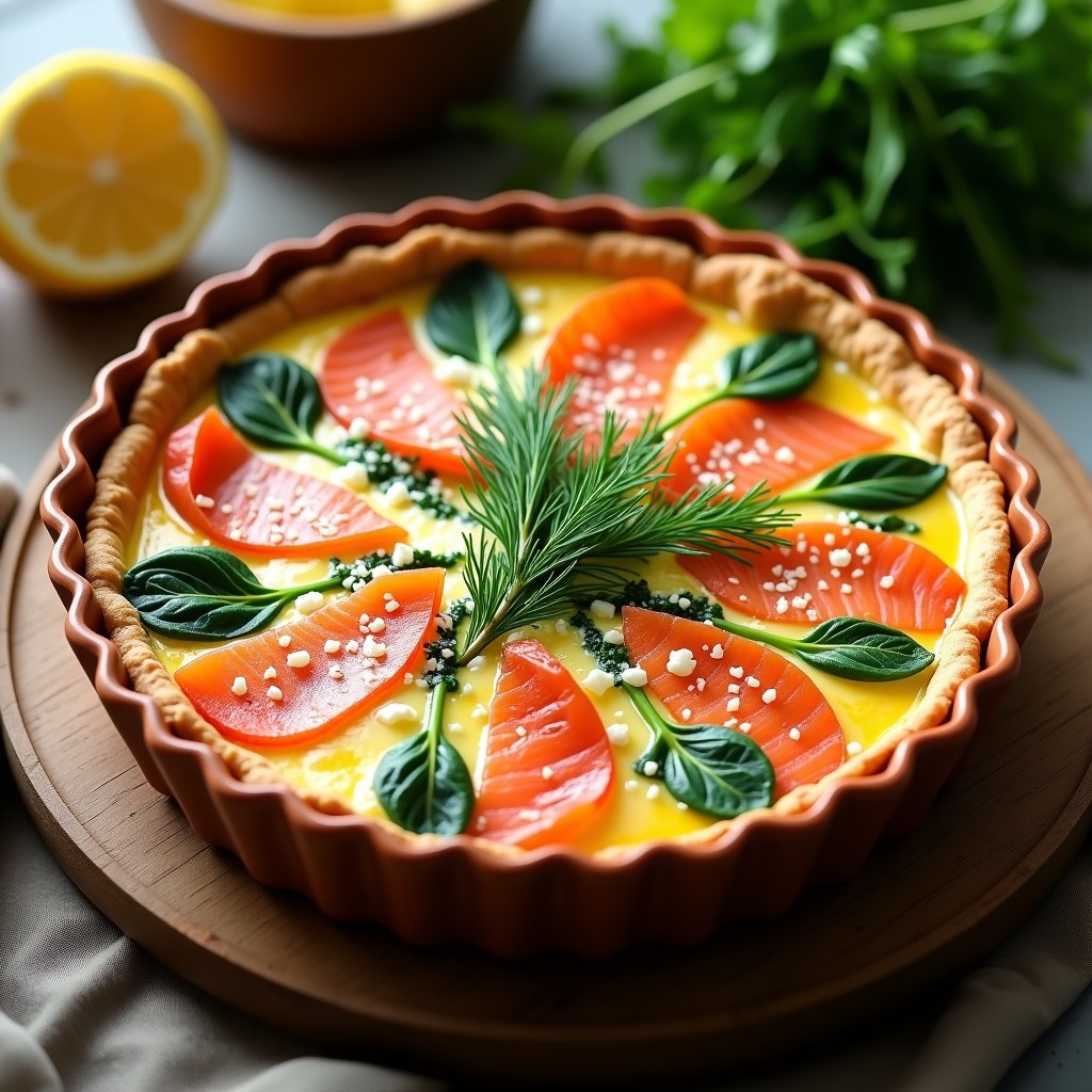 Tarta dorada sin masa en molde redondo, con láminas de salmón ahumado y espinacas en el interior, decorada con eneldo fresco. Receta de tarta de salmón ahumado y espinacas sin masa.