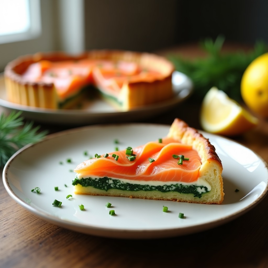 Tarta fría de salmón ahumado y espinacas en porción triangular, con base dorada, crema verde de espinacas y láminas de salmón rosado en la parte superior, decorada con cebollino picado.