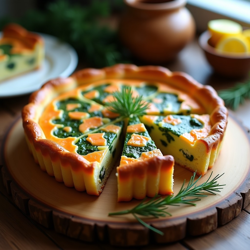 Tarta de salmón y espinacas al horno con masa de hojaldre dorada, rellena de trozos de salmón rosa y espinacas verdes, decorada con eneldo fresco. Receta rápida y alta en omega-3.