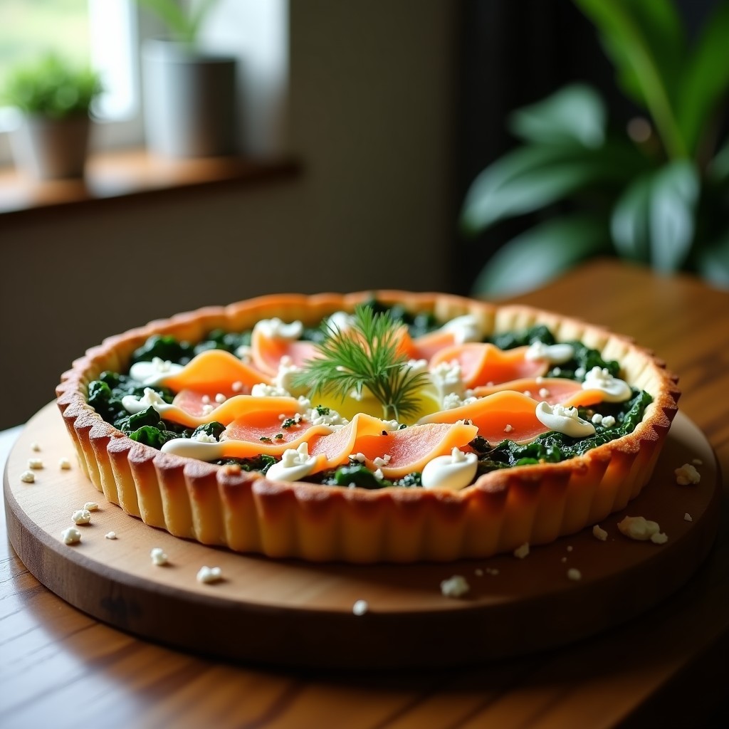 Tarta dorada de salmón ahumado y espinacas con queso de cabra en molde redondo, receta rápida y elegante.