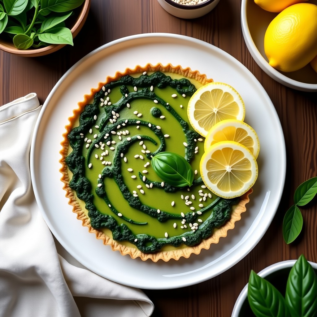 Tarta de espinacas y tofu sin horno sobre un plato blanco, con base dorada de avena y relleno verde cremoso, decorada con rodajas de limón y semillas de sésamo.