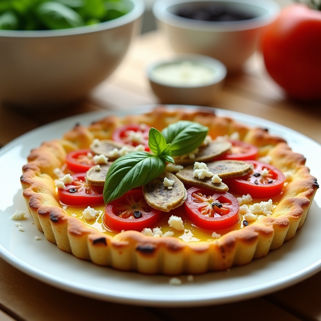 Tarta dorada de sardinillas y tomate seco ahumado servida en plato blanco, con hojas de albahaca fresca y hilo de aceite de oliva, receta sin horno alta en omega-3.