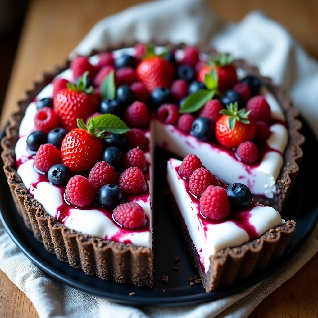Tarta sin horno de frutos rojos y queso fresco con una base crujiente de almendras y nueces pecanas, decorada con hojas de menta fresca y frutos rojos congelados
