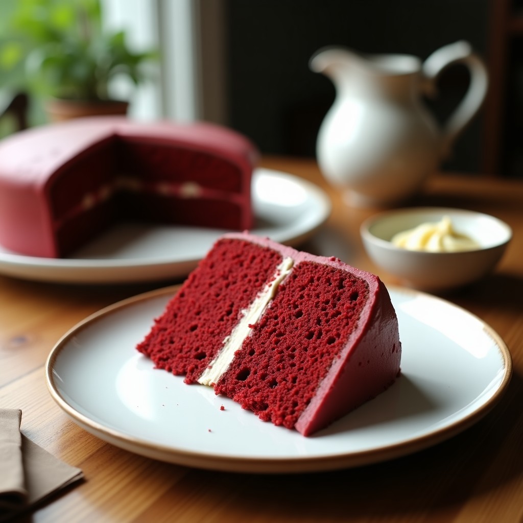 Tarta vegana matcha red velvet en molde blanco, con glaseado de coco rosado y almendras fileteadas, servida en plato de porcelana con fondo rústico.