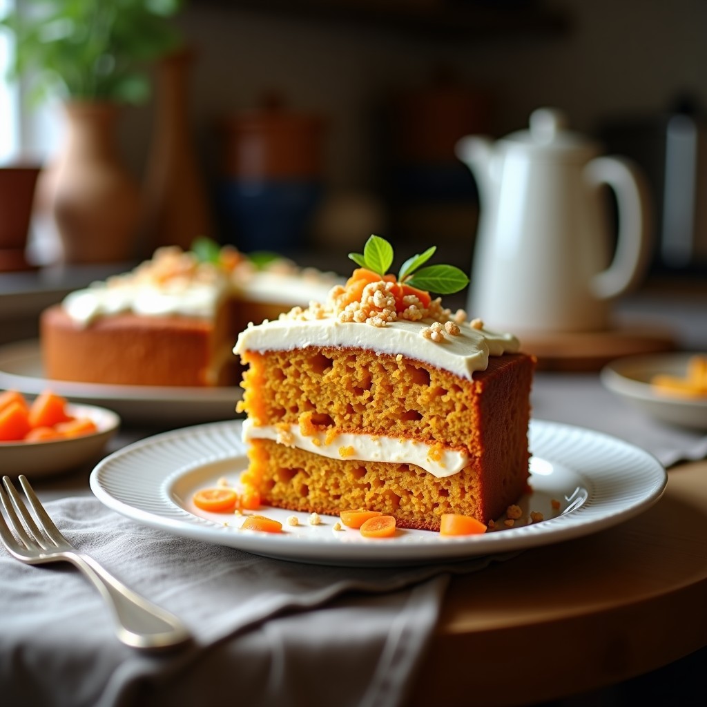 Tarta vegana de zanahoria y coco recién horneada, dorada y esponjosa, con trocitos de nuez visibles en la superficie, servida en un plato de cerámica blanca con un tenedor de madera.