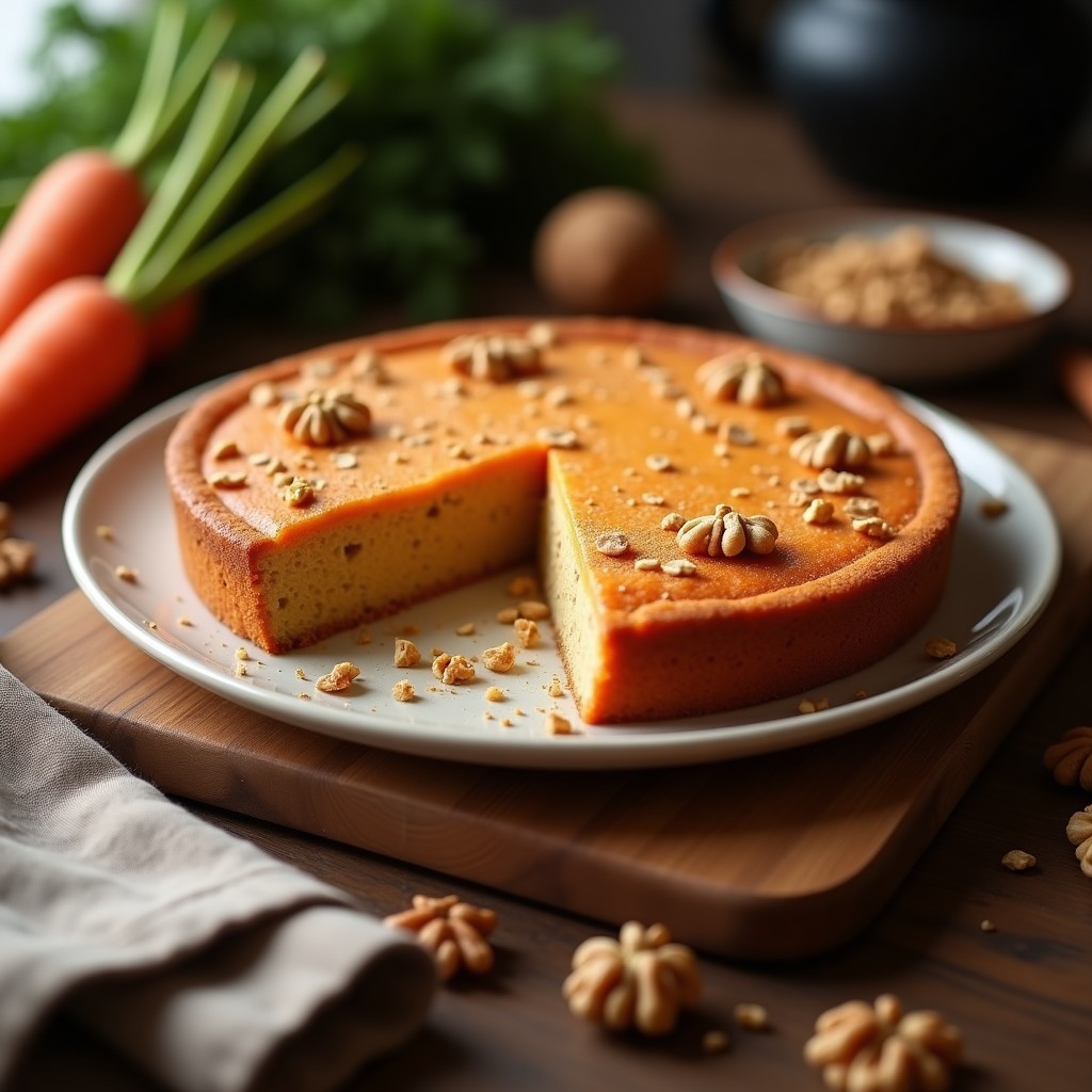 Tarta de zanahoria y avena sin huevo, esponjosa y dorada, cortada en porciones sobre una tabla de madera rústica con nueces picadas y una pizca de canela espolvoreada.