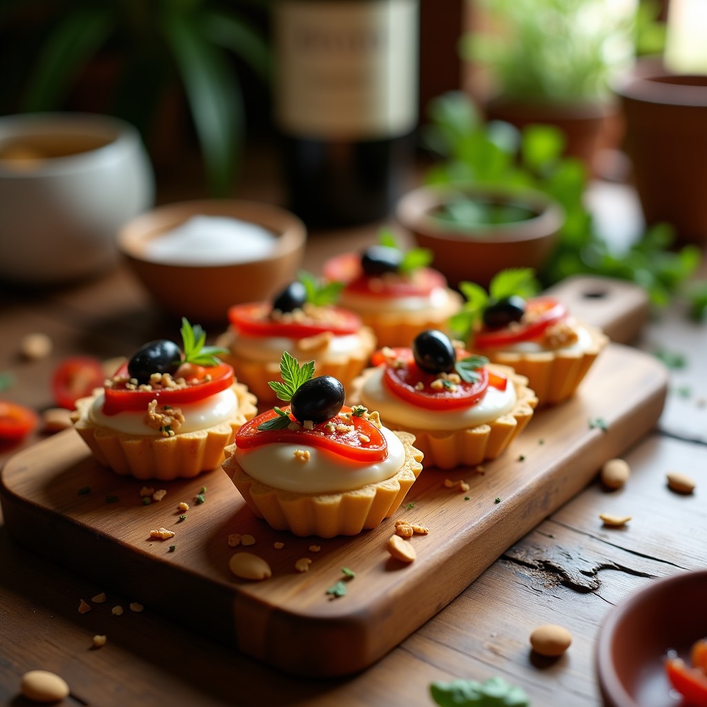 Tartaleta andaluza sin horno con base crujiente de galleta María, rellena de mezcla cremosa de ventresca de atún, tomates secos y queso crema, decorada con aceite de oliva virgen extra y hinojo fresco. Plato típico español servido en molde individual sobre mesa rústica de madera.