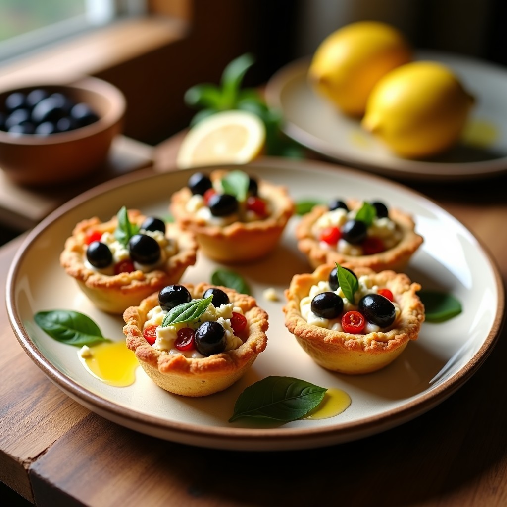 Tartaletas doradas en molde de silicona con trozos de aceitunas Kalamata y queso de cabra fundido, decoradas con almendras fileteadas y miel de tomillo, sobre fondo rústico de madera con hierbas frescas.