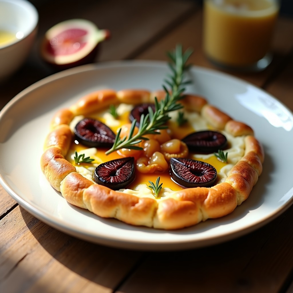 Tartaleta griega sin horno con base dorada de almendras y sésamo, rellena de aceitunas Kalamata picadas, tomates secos y cubos de queso de cabra. Decorada con hojas de albahaca fresca y un hilo de miel de tomillo, servida en bandeja de madera rústica.