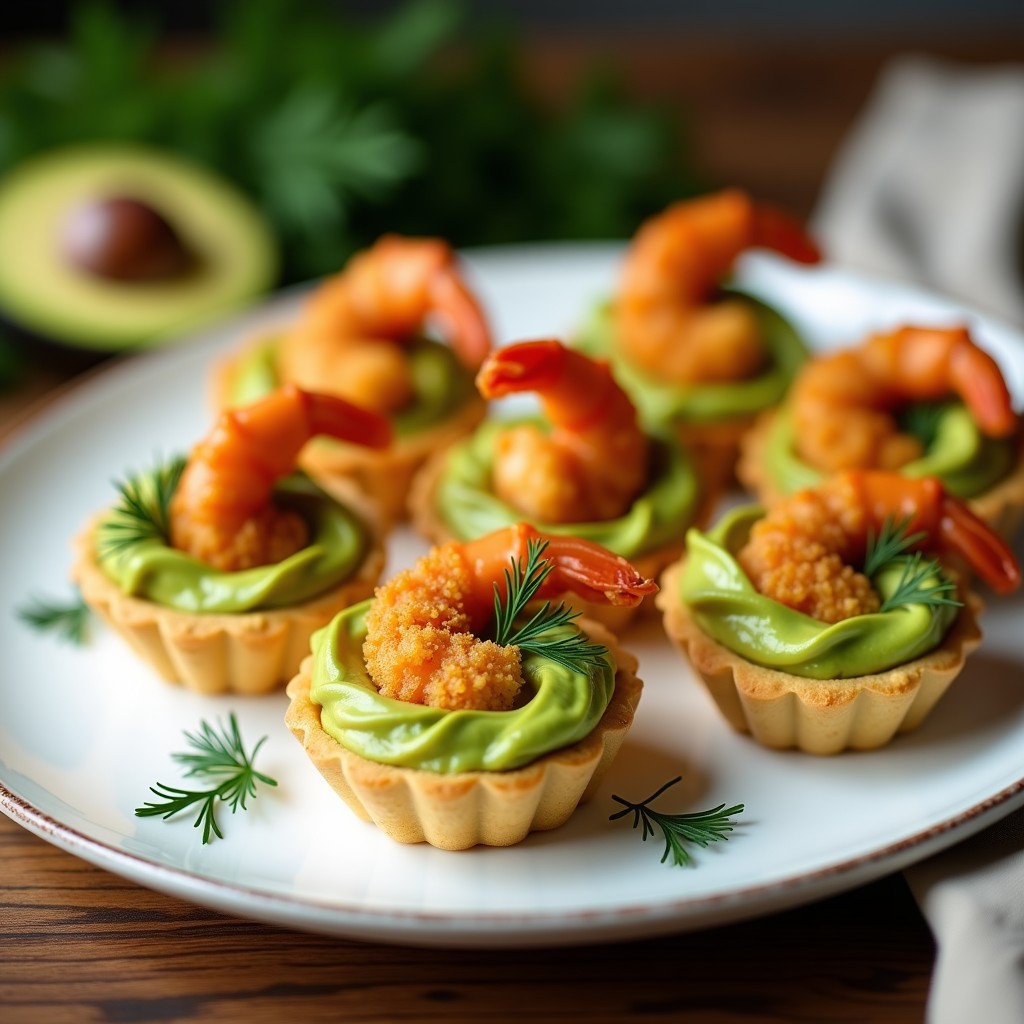Tartaletas doradas de hojaldre rellenas de crema de aguacate verde y coronadas con gambas crujientes empanizadas, servidas en un plato blanco con toques de eneldo fresco.