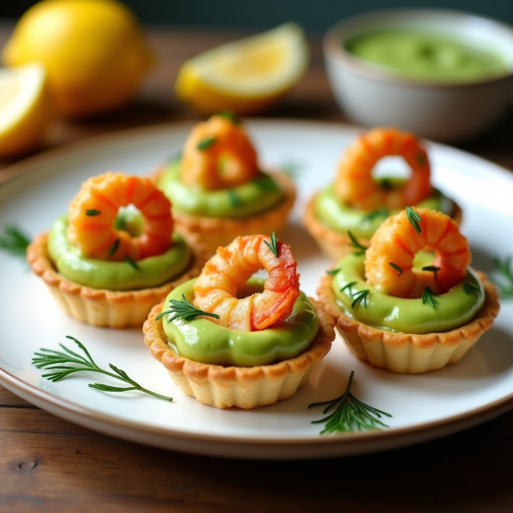 Tartaletas doradas de hojaldre rellenas de crema de aguacate verde y coronadas con gambas crujientes empanizadas, decoradas con eneldo fresco sobre un plato blanco rústico.