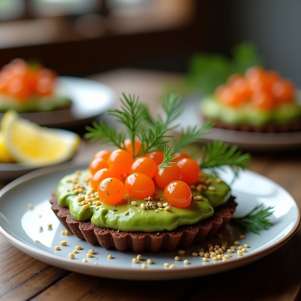 Tartaleta de aguacate y huevas de trucha escandinava, con base crujiente dorada, rellena de crema verde de aguacate y coronada con huevas naranjas brillantes, eneldo fresco y cebollino picado, servida en bandeja de madera rústica.