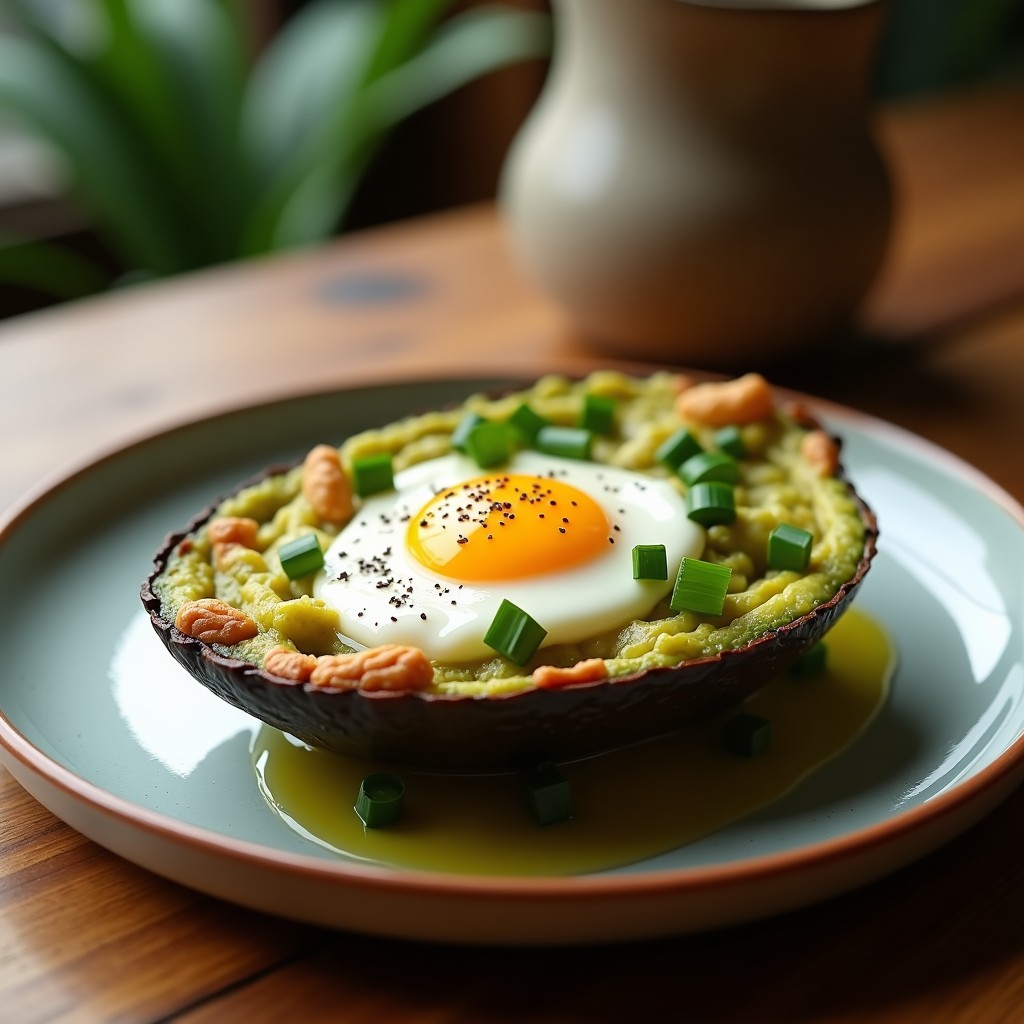 Tartaleta keto sin masa con base cremosa de aguacate y huevo al horno con yema líquida, decorada con cilantro fresco y pimentón ahumado. Plato blanco rústico sobre fondo de madera clara.