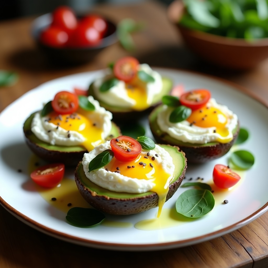 Tartaletas de aguacate con huevo pochè en airfryer, decoradas con queso feta, tomates cherry y semillas de chía, sobre un plato de cerámica blanca con fondo rústico.