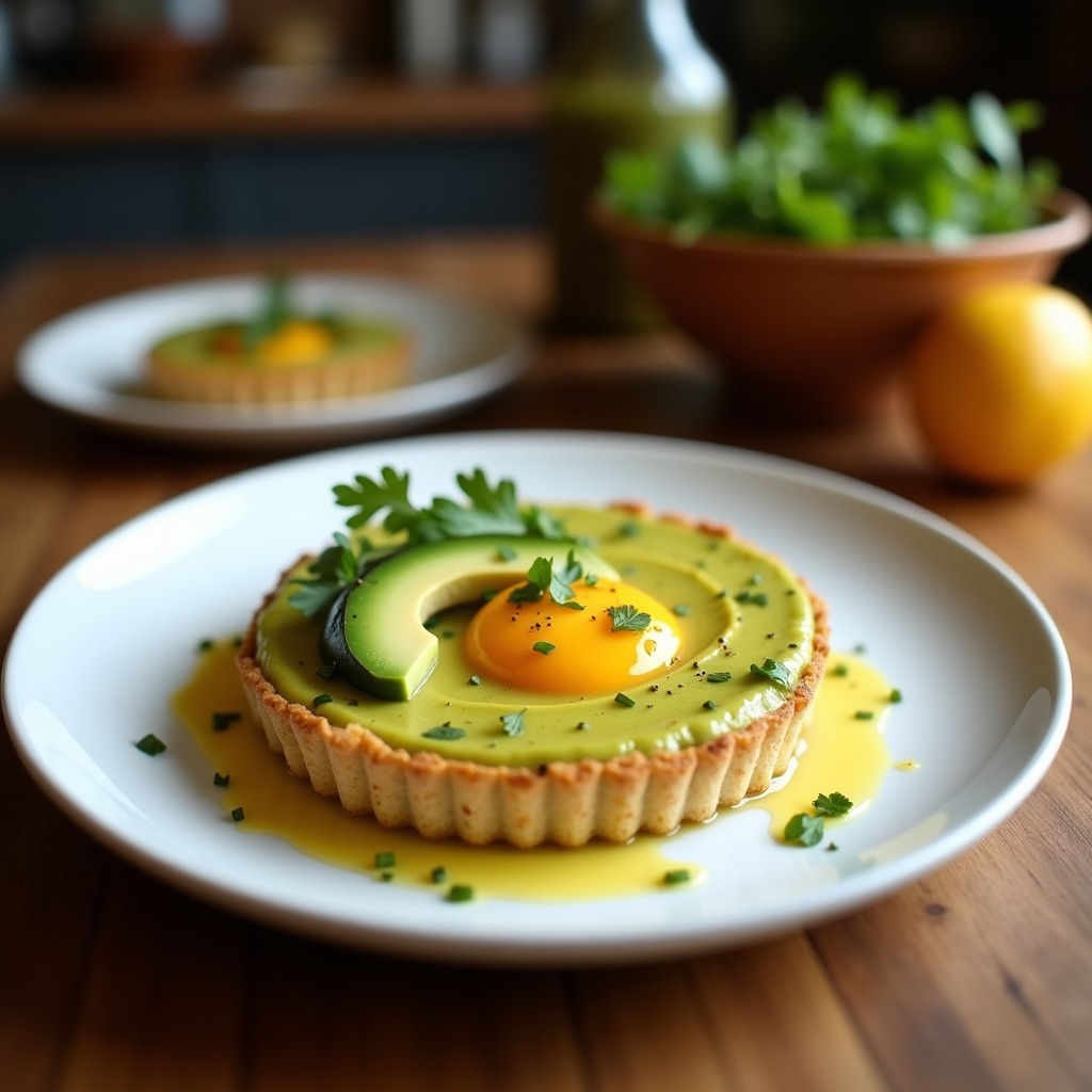 Tartaleta sin horno con base crujiente de semillas, láminas de aguacate verde y huevo poché sobre fondo rústico de madera, receta keto y saludable.