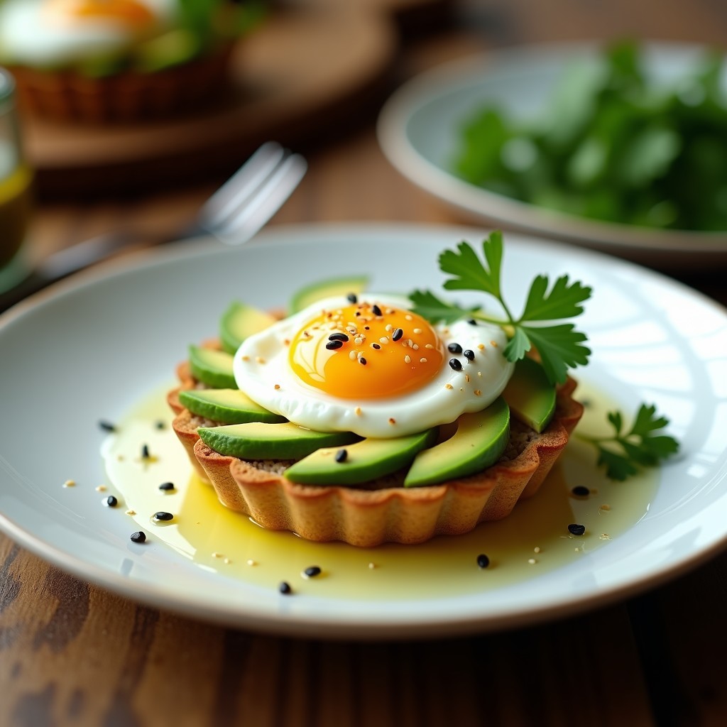 Tartaleta gourmet con base crujiente de pan integral, láminas de aguacate cremoso y huevo poché con yema líquida, decorada con semillas de sésamo y cilantro fresco, receta de aperitivo alta en proteína.