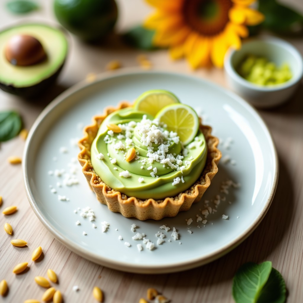Tartaleta crudivegana de aguacate y lima con base de semillas de girasol, decorada con coco rallado y hoja de menta, servida en molde individual sobre fondo rústico.