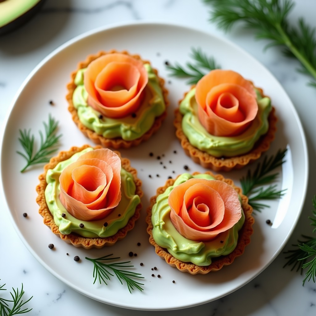 Tartaleta keto con base dorada de almendra, rellena de crema verde de aguacate y coronada con láminas de salmón ahumado, eneldo fresco y semillas de sésamo negro sobre fondo blanco.