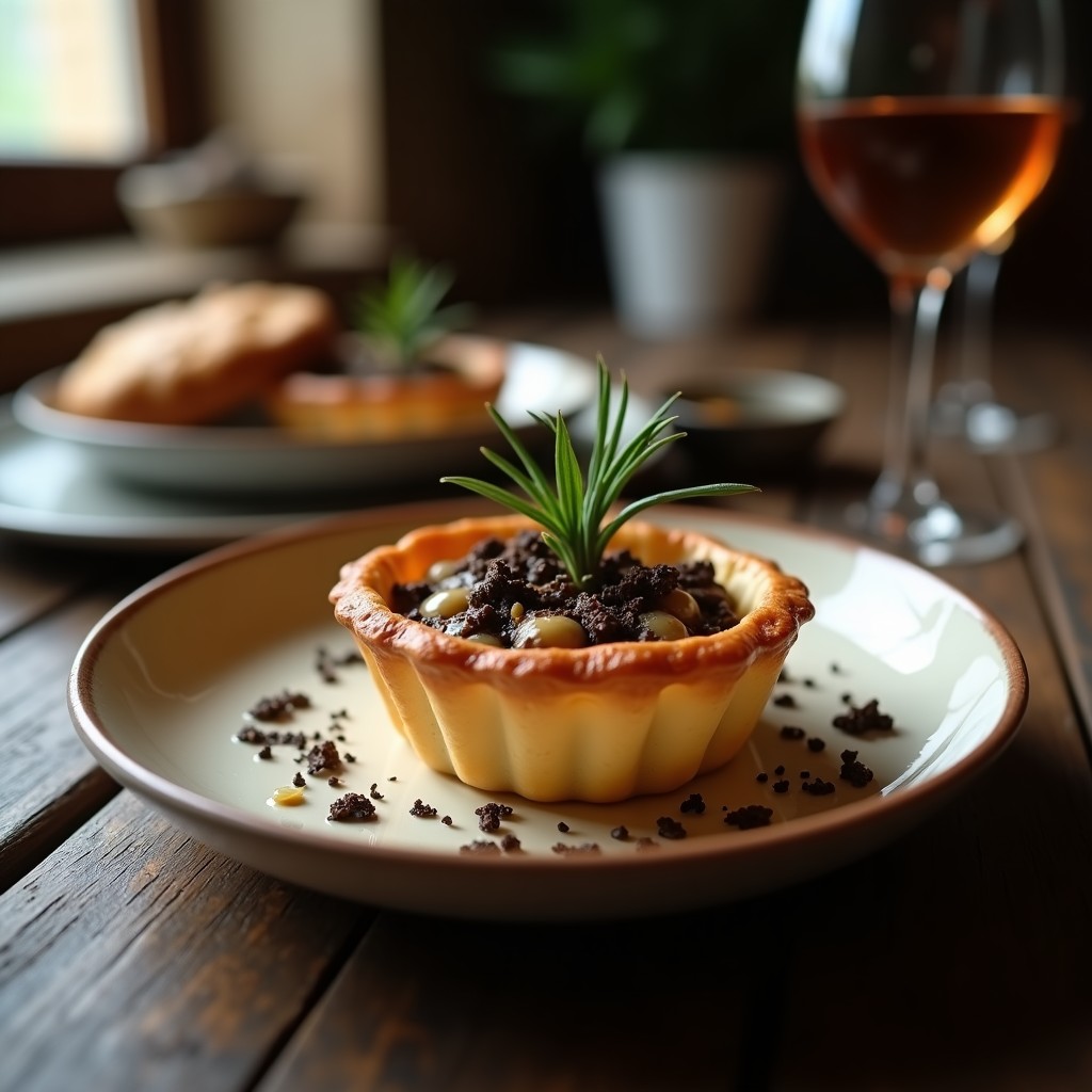 Tartaleta dorada con relleno cremoso de champiñones porcini ahumados, decorada con virutas de trufa negra y romero fresco sobre fondo rústico de madera.