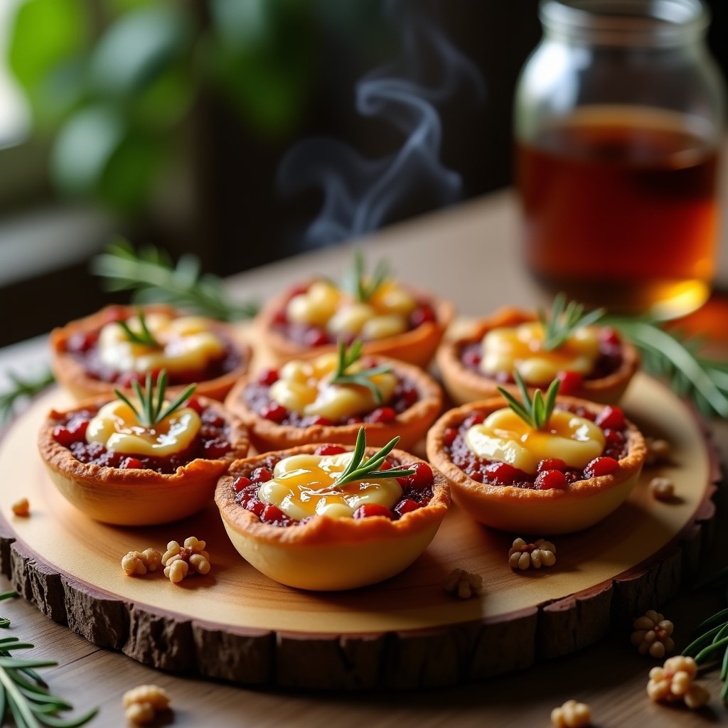 Tartaletas doradas con relleno de pimiento choricero y queso Idiazábal ahumado derretido, decoradas con miel de romero y nueces picadas sobre fondo rústico de madera.